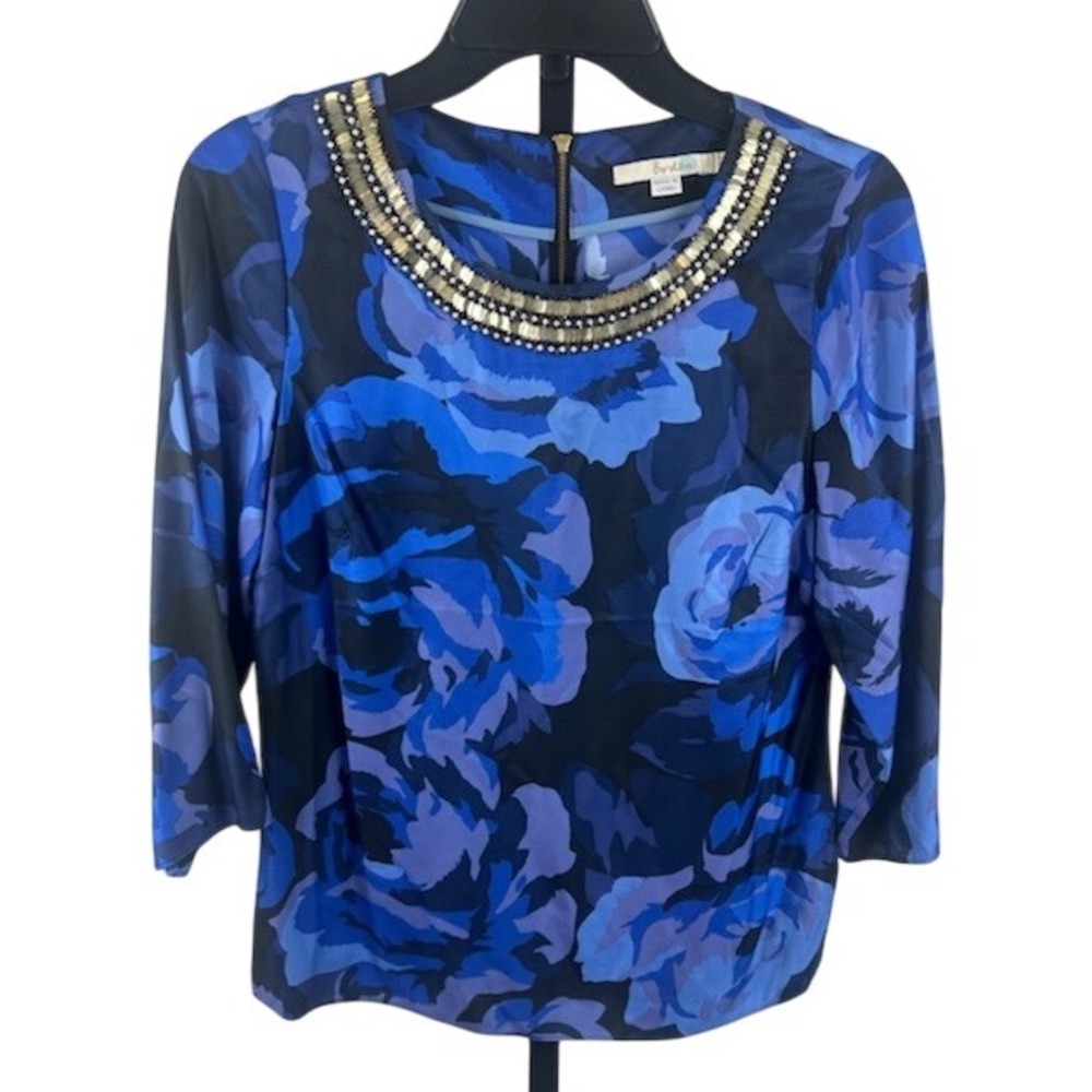 Boden Embellished Floral Blouse Top Silk Viscose Blue Gold Party‎ Career Size 4